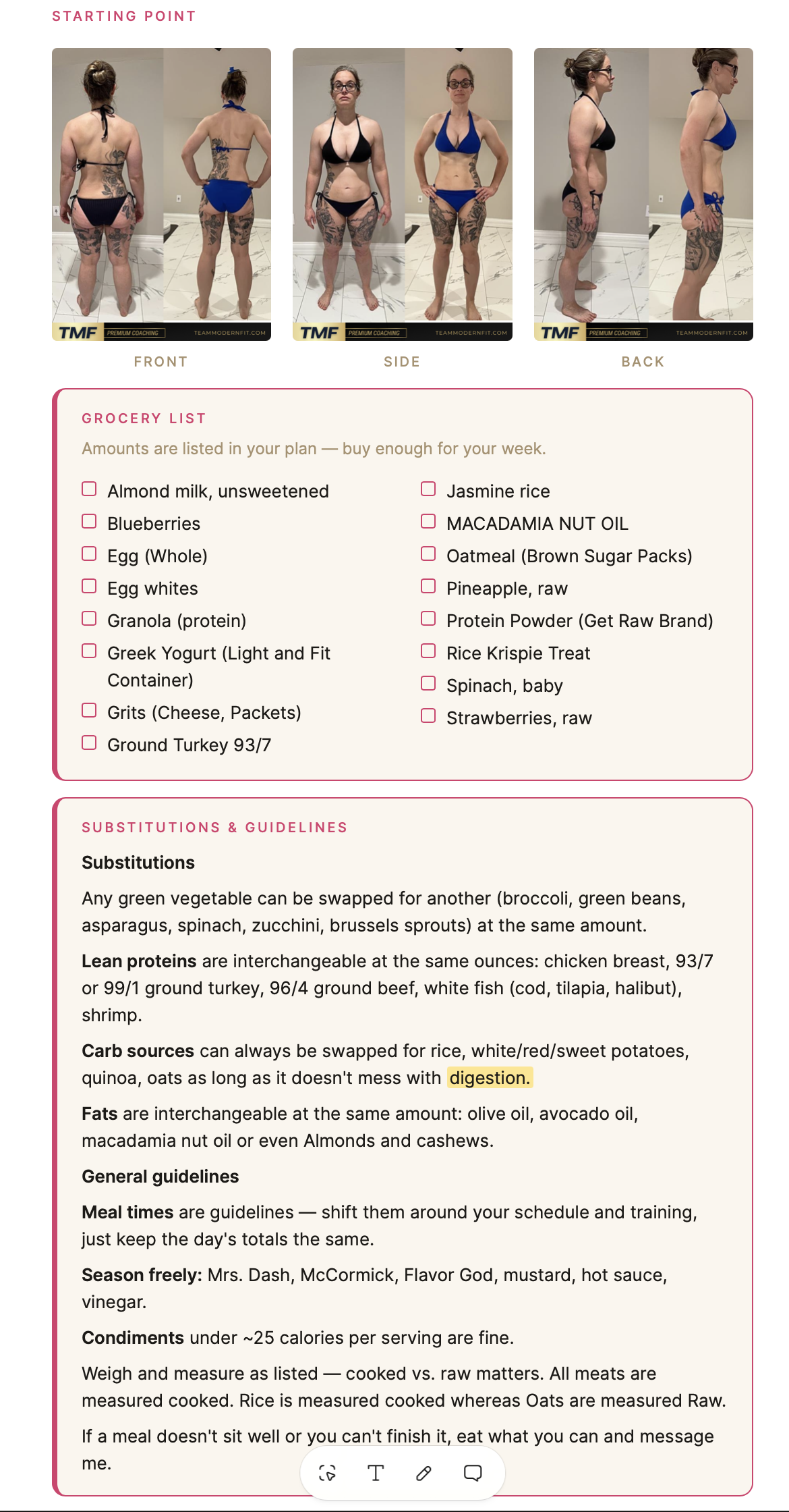 A complete TMF client plan with progress references, grocery list, substitutions, and coaching guidance