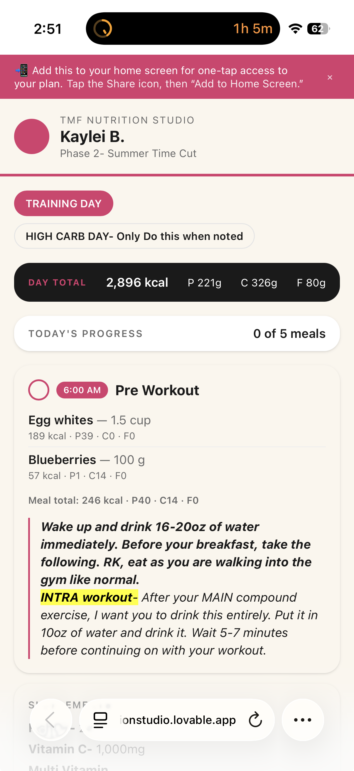 Client mobile plan showing Add to Home Screen instructions