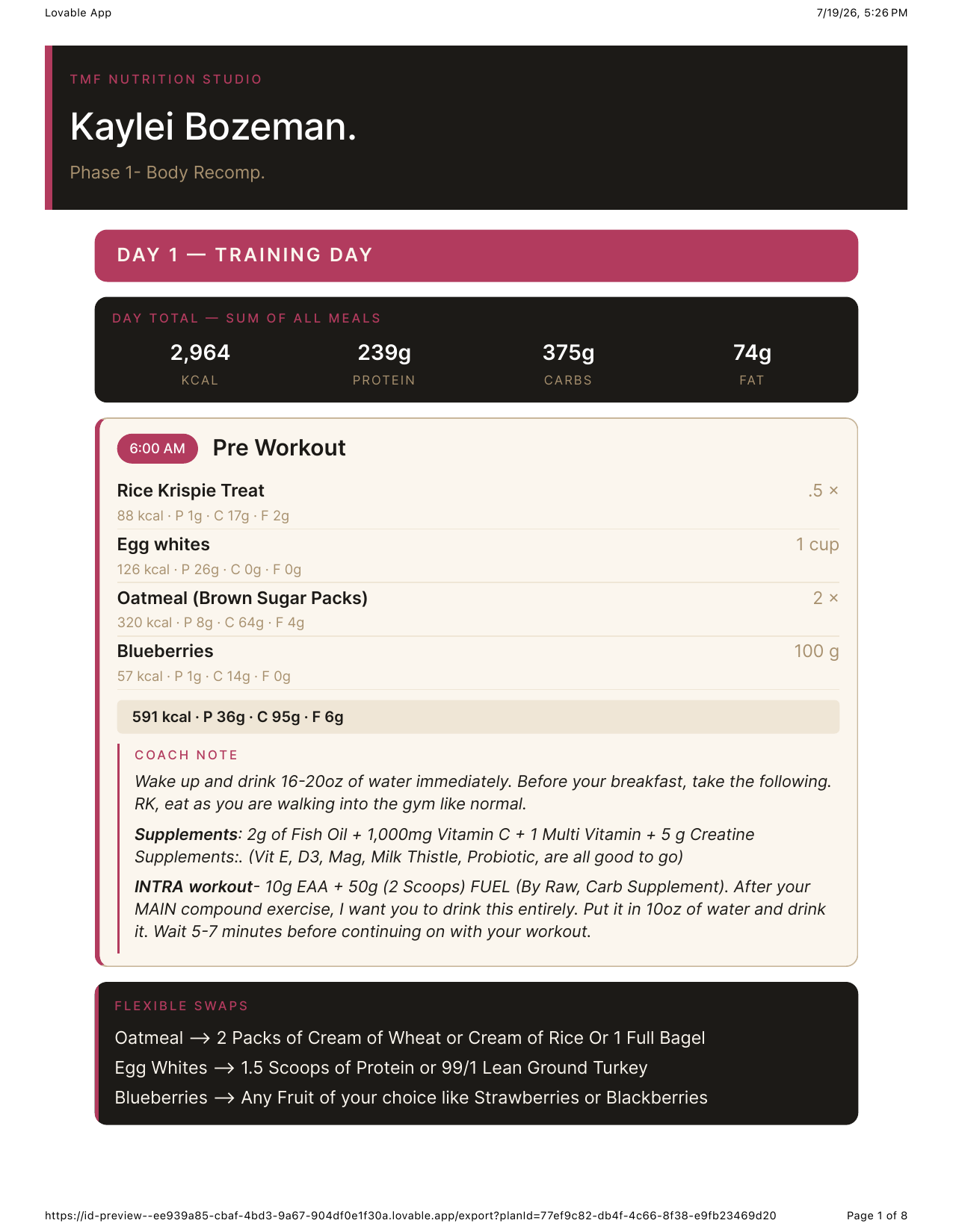 TMF branded nutrition plan with visual meal blocks